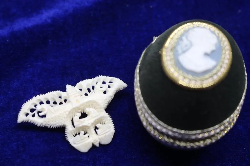 Carved Brooch & Cameo Egg Trinket Box
