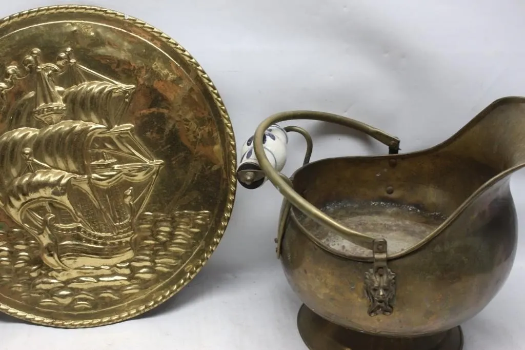 Brass ship wall plaque and brass coal scuttle