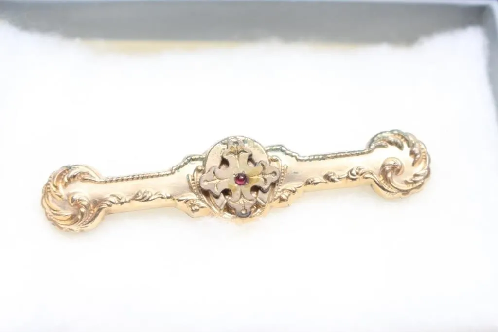 Antique Gold-Tone Bar Brooch with Red Stone