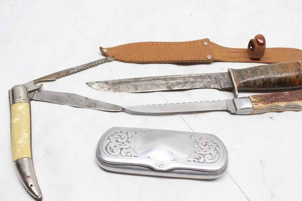 Vintage Knife Lot with Sheath & Metal Case