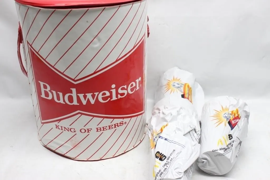 Vintage Budweiser Metal Cooler & McDonald's Cups