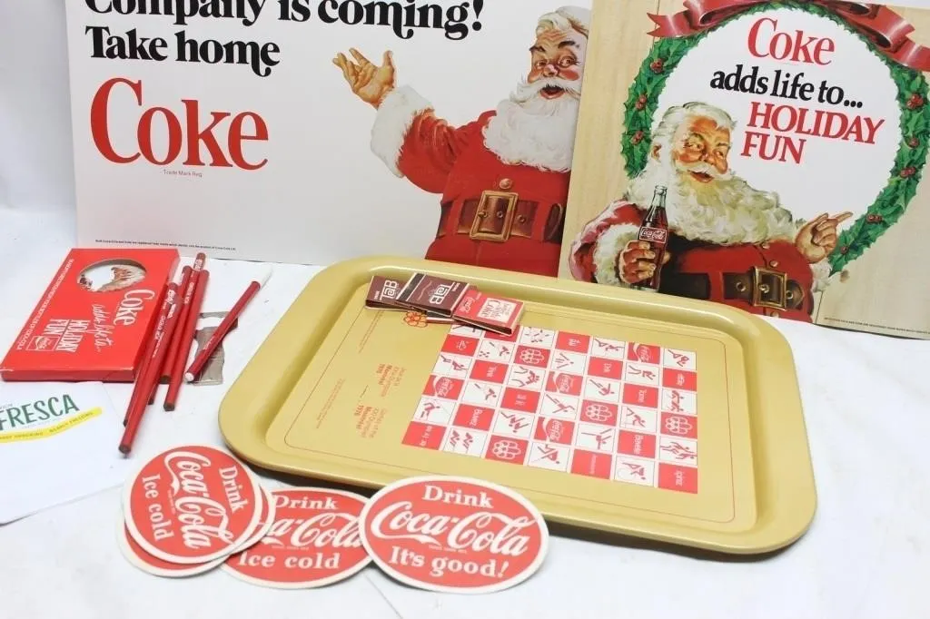 Coca-Cola Holiday Ad Signs, Tray, Coasters &