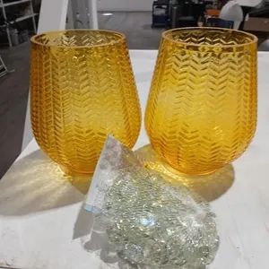 2 Yellow Vase/candle holder & bag decor Glass Gems