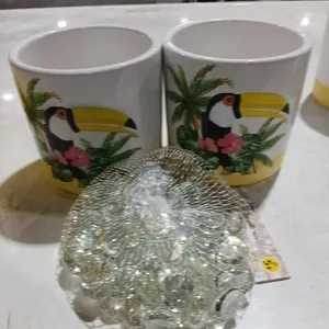 2 Ceramic Toucan vase's & bag decor glass Gems