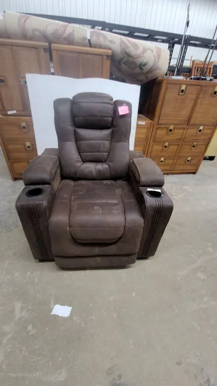 Brown Upholstered Recliner with Cupholders and Power Controls