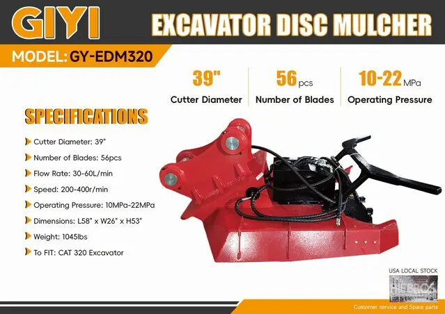 2026 GIYI GY-EDM320 39 in Excavator Disc Mulcher - Fits Cat 320 (Unused)