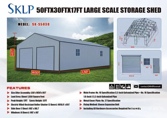 2026 SKLP SK-S5030 30 ft x 50 ft Large Scale Storage Building (Unused)