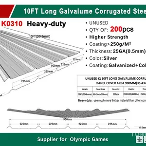 Quantity of (200) 2026 KJ K0310 3 ft x 10 ft Galvalume Corrugated Steel Panels Steel Plates (Unused)