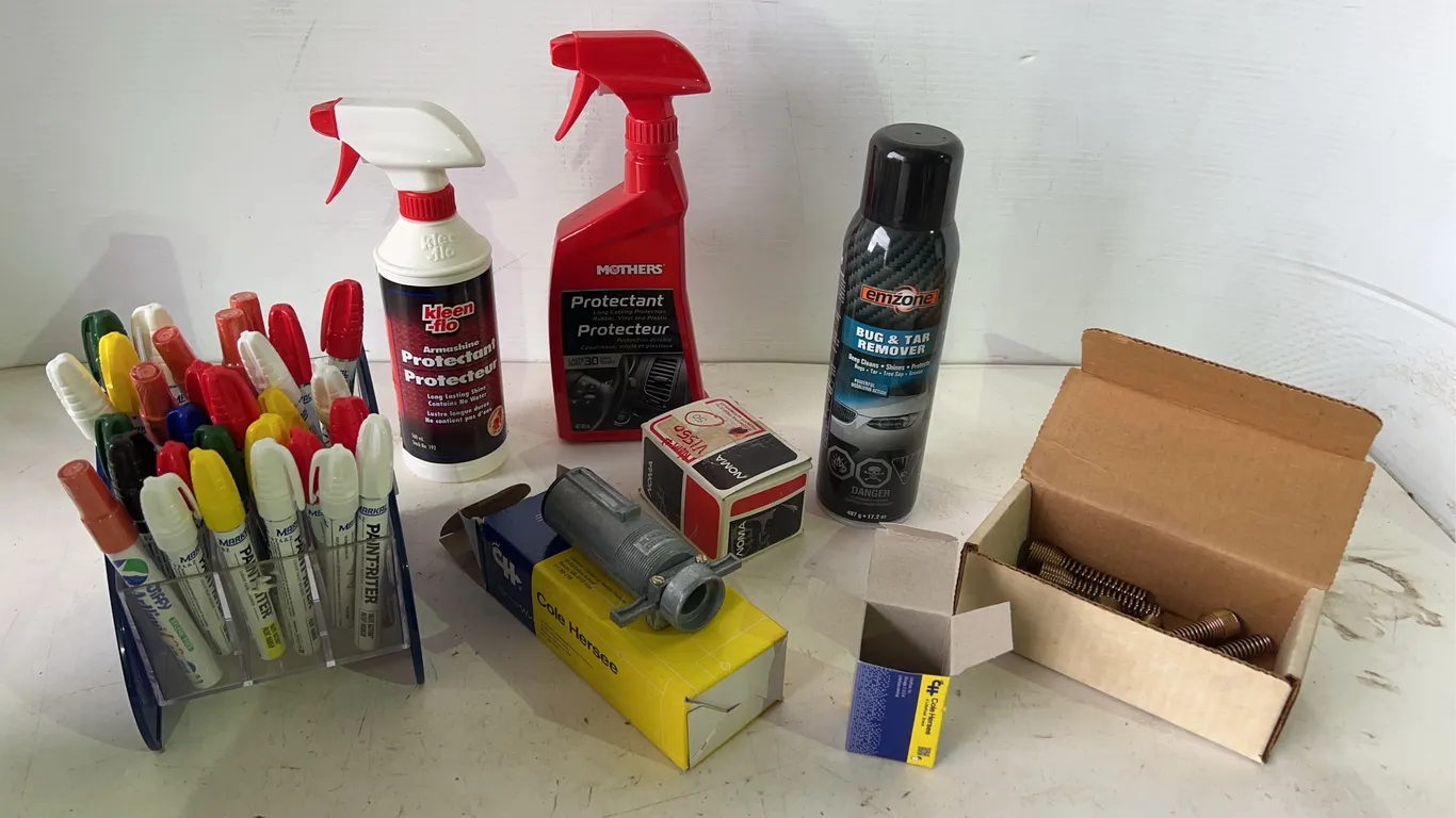 Box Of Assorted Hardware, Protectant, Markers