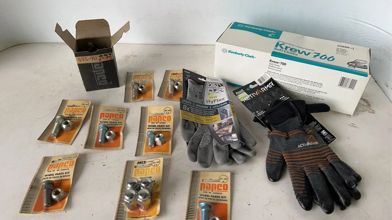 Assorted Wheel Parts Kits, Cloths, Gloves