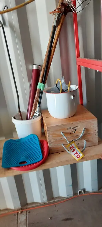L/O - Enamel Chamber Pot Full Of Marbles W/Sling Shot, (2) Walking Sticks, (1) Sitting Stick, Rod Holder & Case, (3) Close Face Reels, (2) Fishing Cus