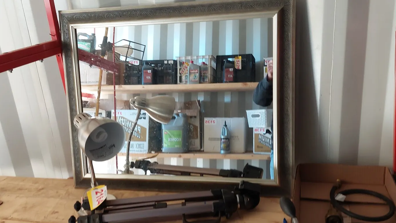 L/O - 33"x27" Mirror, Stainless Steel Lamp, Cameras, Tripod