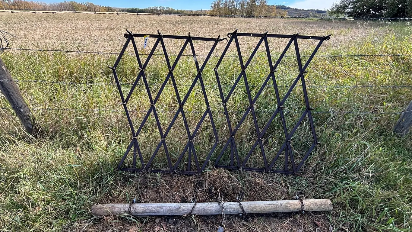 (2) SECTIONS OF DIAMOND HARROWS 36"X48" EA. W/ WOODEN DRAWBAR
