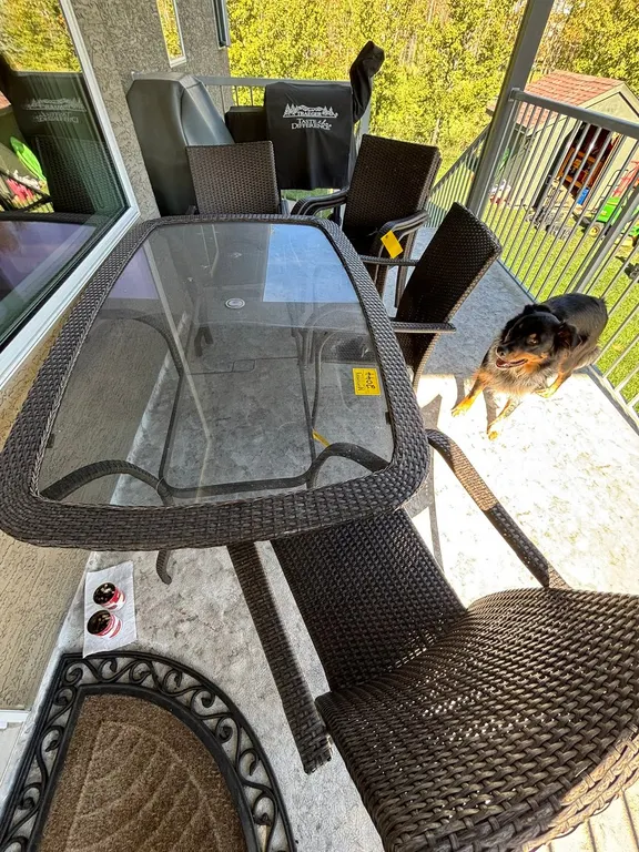 PATIO TABLE 65"X40" W/ (6) CUSHIONED CHAIRS