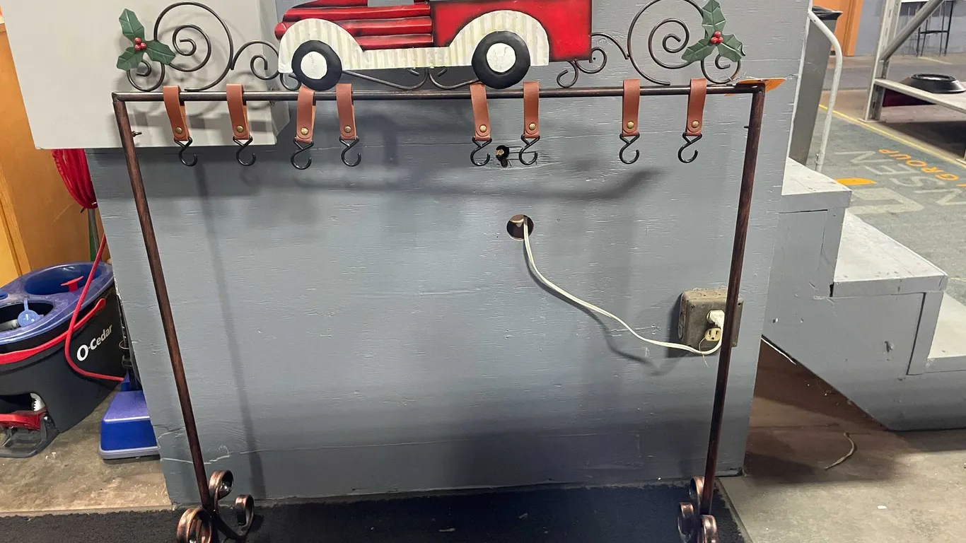 Free Standing Christmas Stocking Holder Featuring Red Pickup Truck (T2)