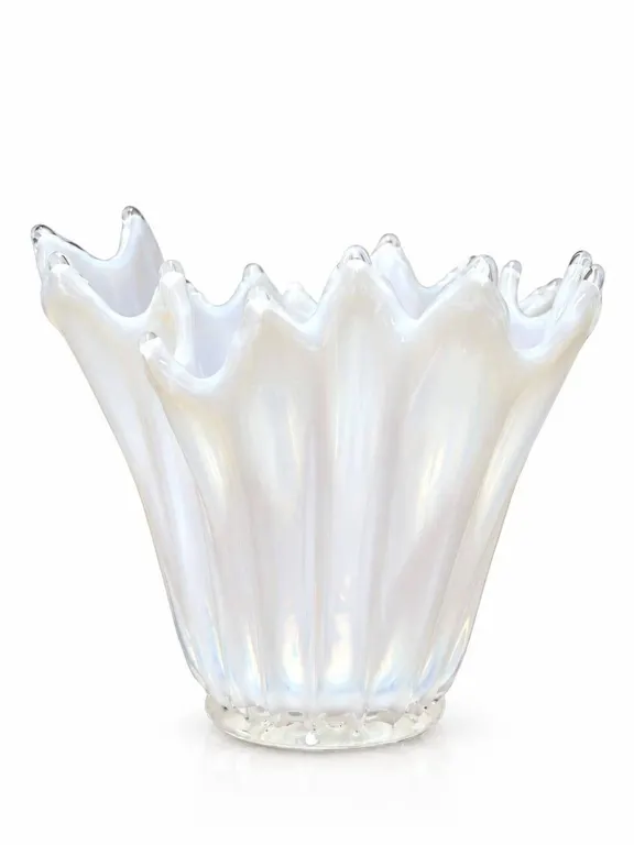 White Iridescent Ruffled Art Glass Bowl