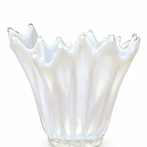 White Iridescent Ruffled Art Glass Bowl