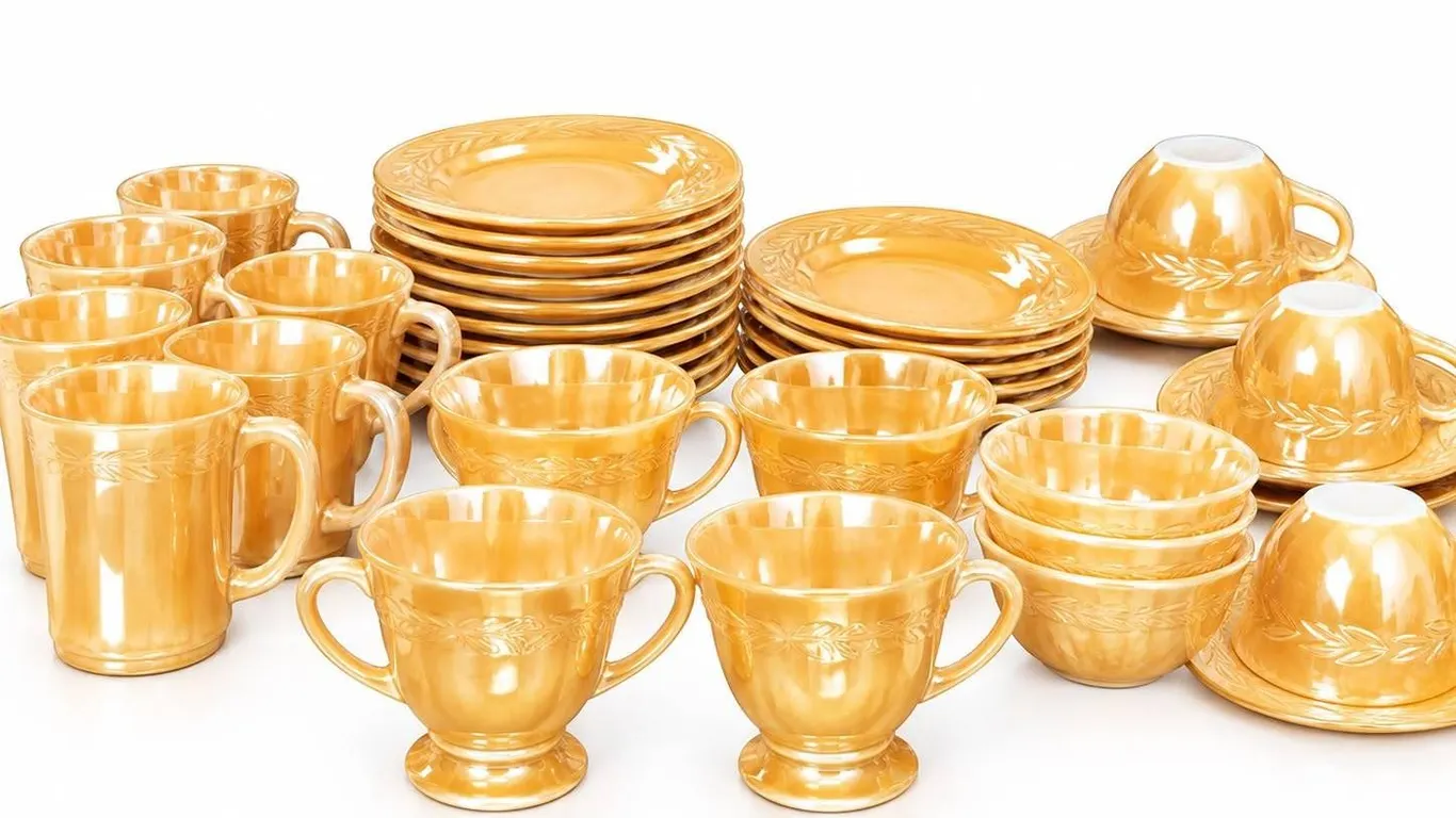 Marigold Depression Glass Dinnerware Set Cups Plates Bowls Creamer Sugar