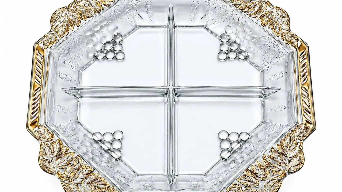 Divided Glass Serving Tray with Grape and Leaf Motif, Octagonal, Gold Trim