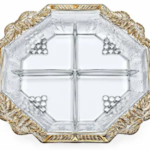 Divided Glass Serving Tray with Grape and Leaf Motif, Octagonal, Gold Trim