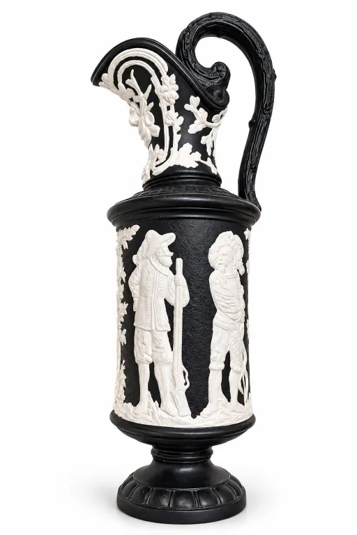 Black Basalt Style Ceramic Pitcher with White Classical Relief Decoration