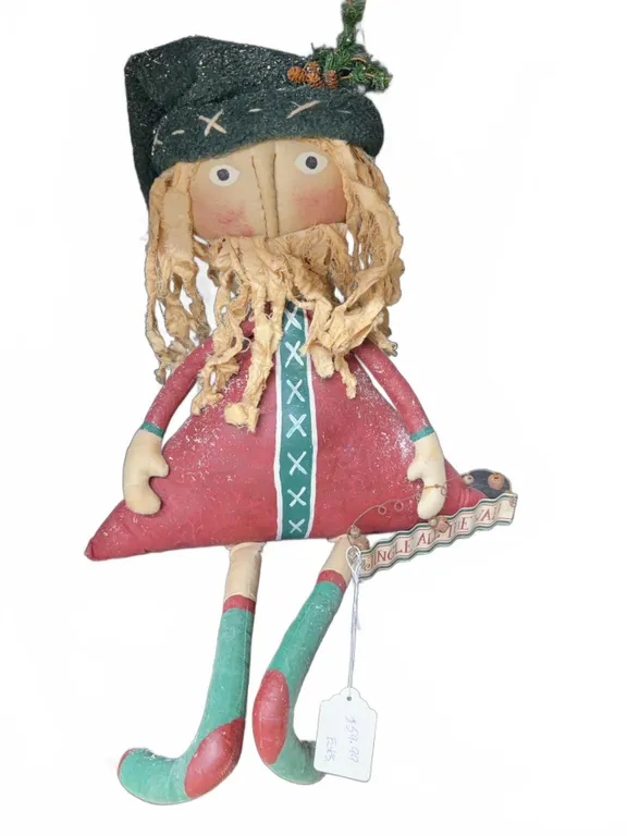 Folk Art Christmas Doll Soft Sculpture with Green Hat, Red Dress, Long Legs