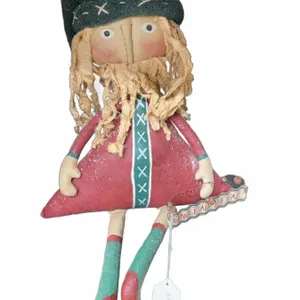 Folk Art Christmas Doll Soft Sculpture with Green Hat, Red Dress, Long Legs