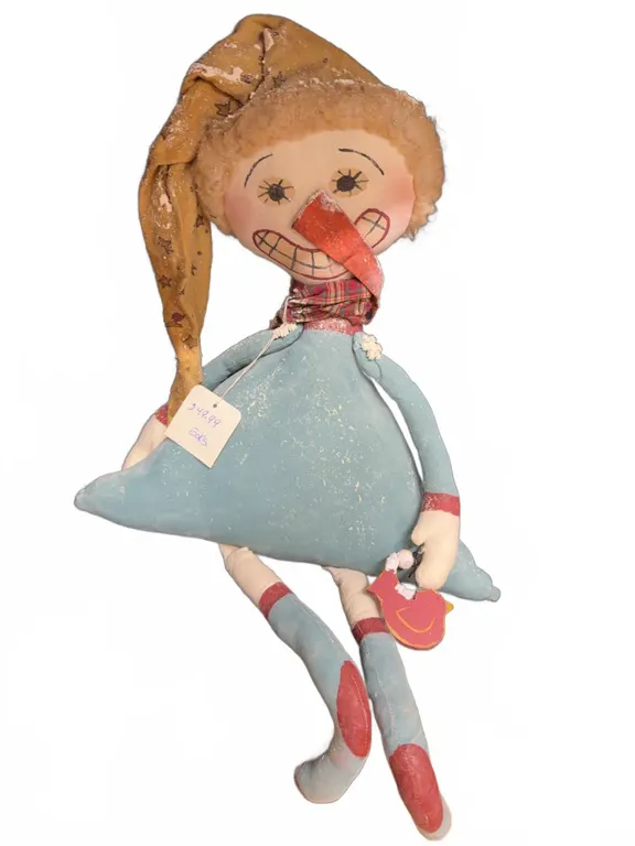 Handmade Fabric Snowman Doll with Blue Dress, Red Hat, Striped Legs, Heart Accessory