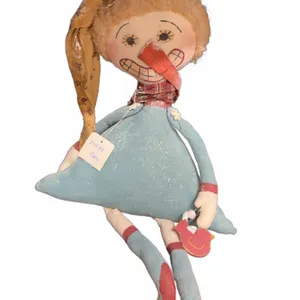 Handmade Fabric Snowman Doll with Blue Dress, Red Hat, Striped Legs, Heart Accessory