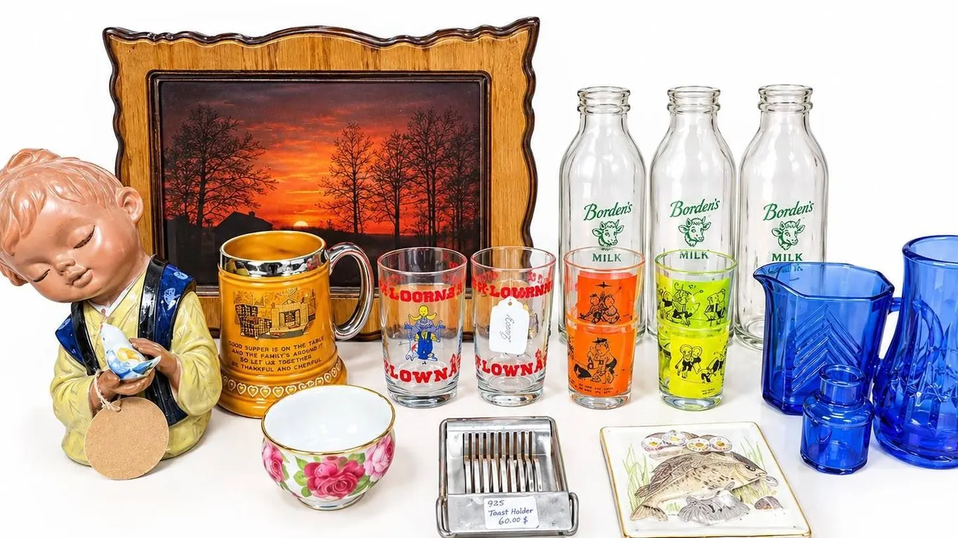 Lot German Beer Stein, MacDonald's Glasses, Milk Bottles, Blue Glassware