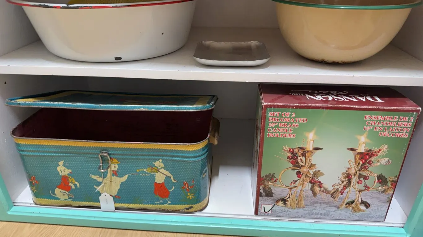 Lot: Enamelware Bowls, Metal Tray, Brass Candle Holders, Tin Box w/ Animal Scene