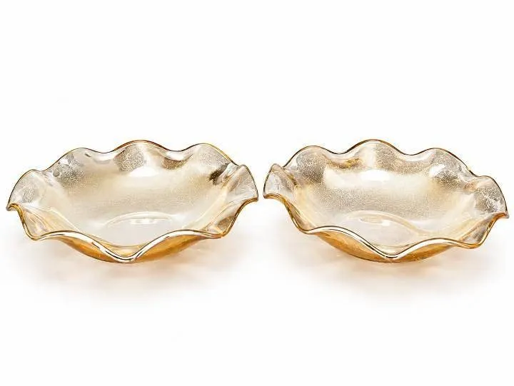 Amber-Tinted Ruffled Glass Bowls with Leaf Pattern