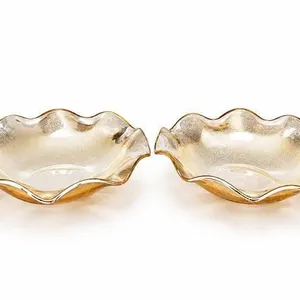 Amber-Tinted Ruffled Glass Bowls with Leaf Pattern