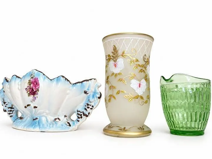 4 Decorative Vessels: Floral Vase, Planter, Green Creamer, Brown Handled Vase
