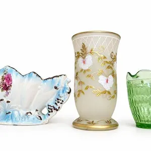 4 Decorative Vessels: Floral Vase, Planter, Green Creamer, Brown Handled Vase