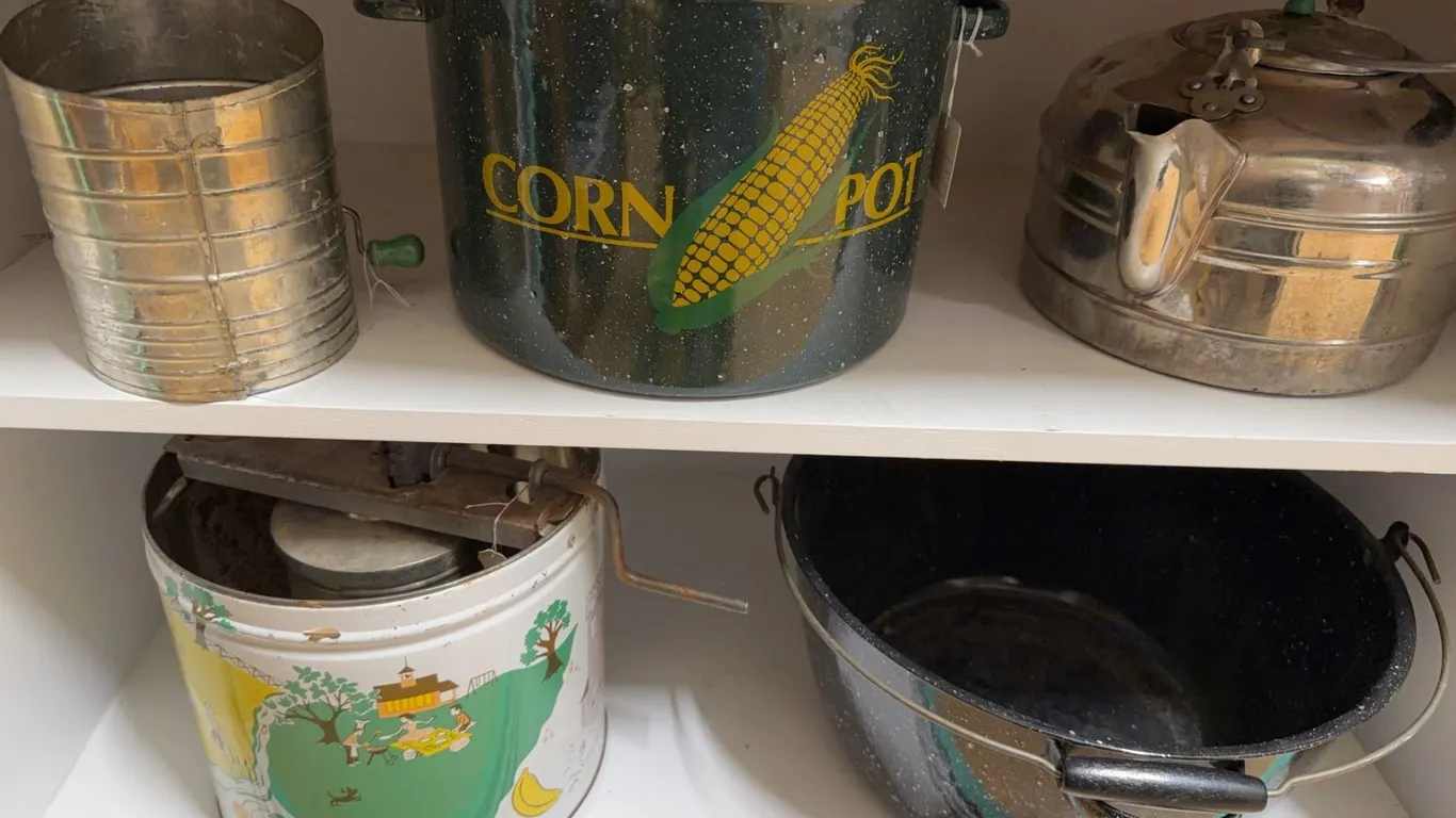 Kitchen Cookware Lot: Corn Pot, Kettle, Sifter, Ice Cream Freezer, and Bowl