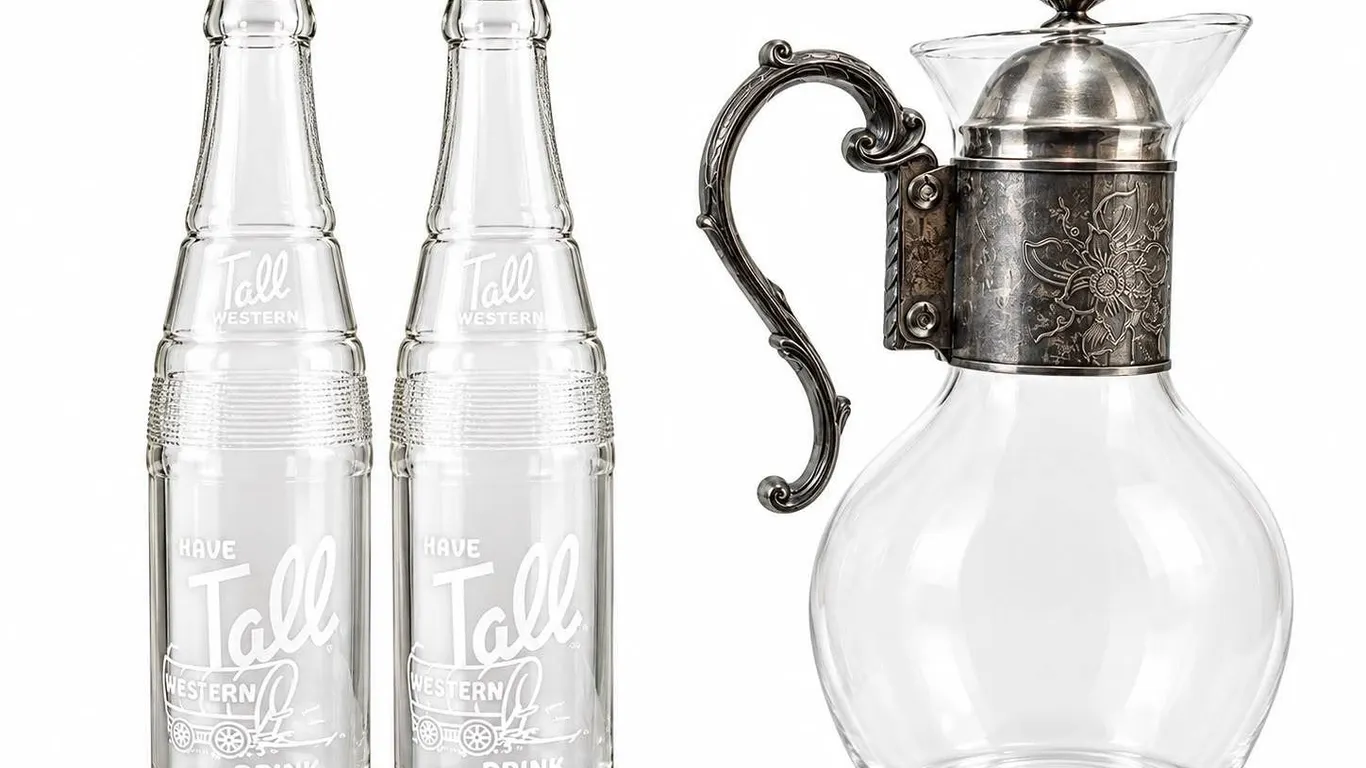 Pair Western Tall Soda Bottles With Glass Pitcher and Metal Handle