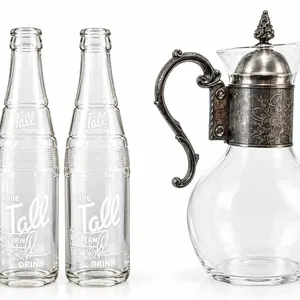 Pair Western Tall Soda Bottles With Glass Pitcher and Metal Handle