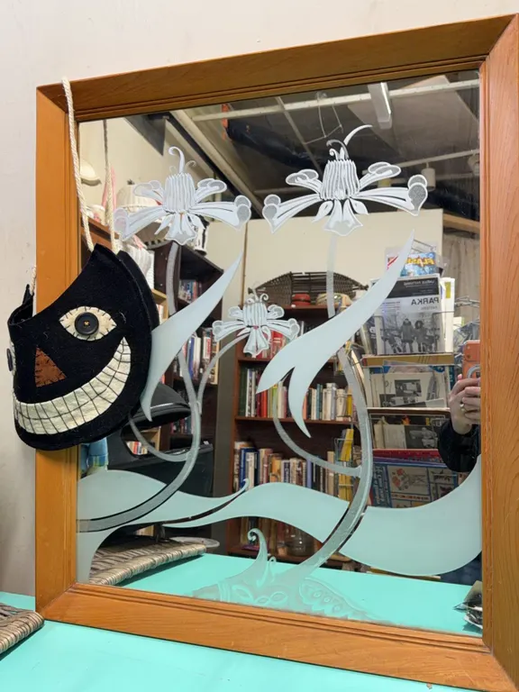 Framed Decorative Etched Glass Mirror with Floral Motif and Hanging Cat Face Mask