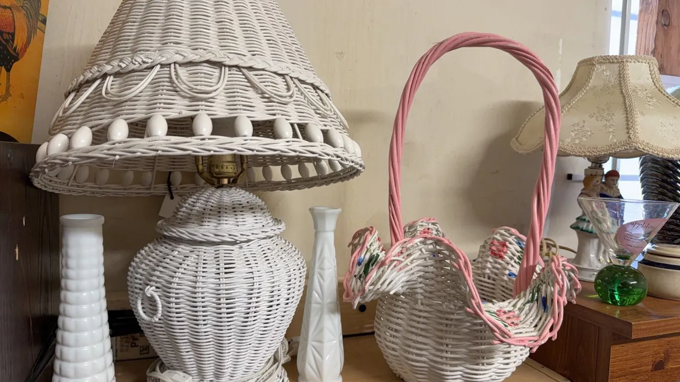White Wicker Table Lamp, Basket, and Two Milk Glass Vases Grouping