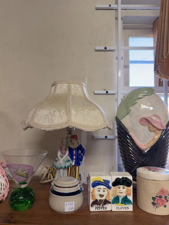 Decorative Ceramic Items Including Lamp, Planter, Vases, and Spice Shakers