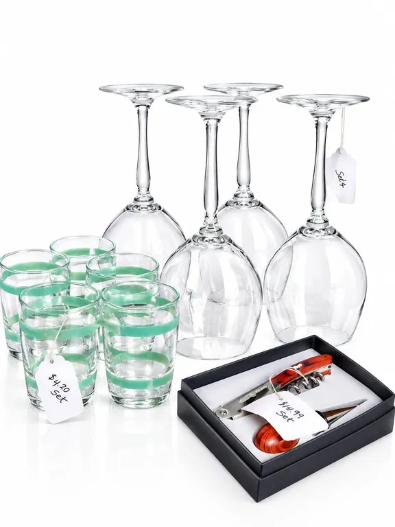 5 Green Band Glass Tumblers, 3 Wine Glasses, and Bar Tool Gift Set