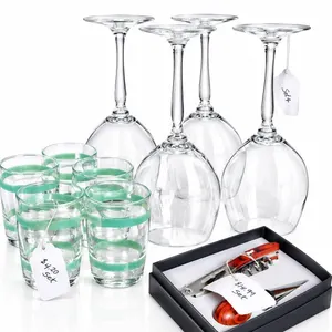 5 Green Band Glass Tumblers, 3 Wine Glasses, and Bar Tool Gift Set