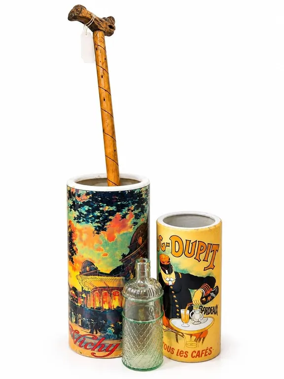 Pair Ceramic Poster-Style Umbrella Stands With Glass Bottle and Wooden Mallet