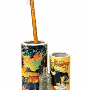 Pair Ceramic Poster-Style Umbrella Stands With Glass Bottle and Wooden Mallet