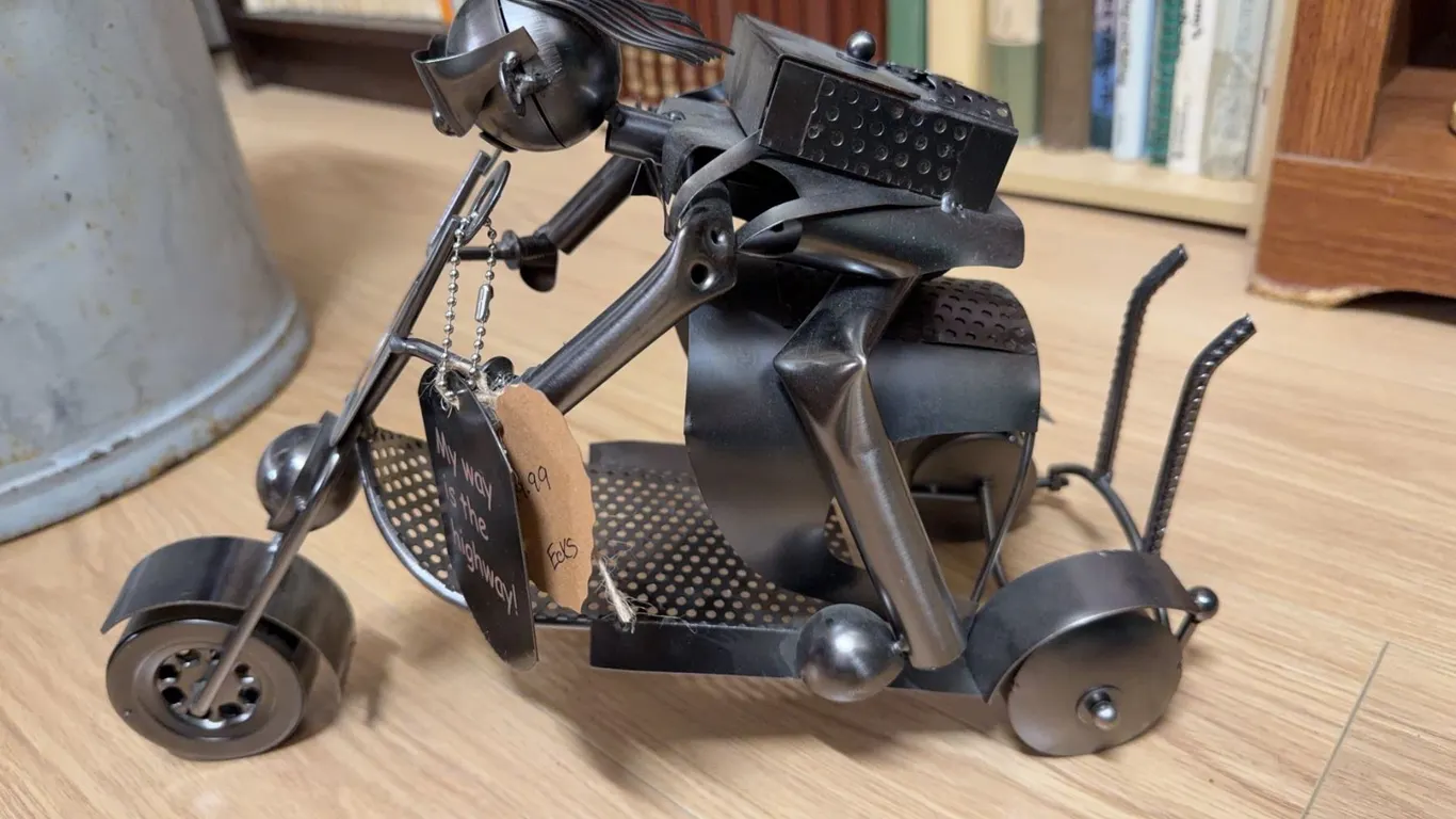 Metal Sculpture Figurine Of Motorcyclist On Chopper, Bolt And Nut Art