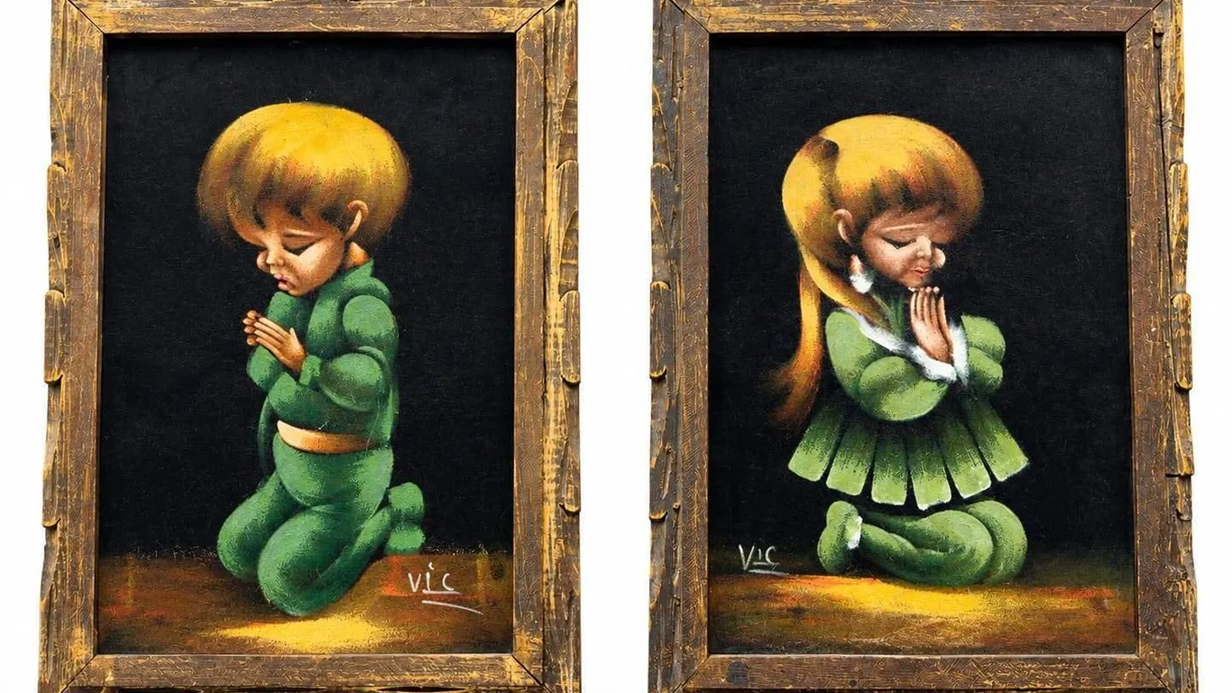 Vic Black Velvet Paintings Praying Boy and Girl in Wooden Frames