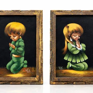 Vic Black Velvet Paintings Praying Boy and Girl in Wooden Frames