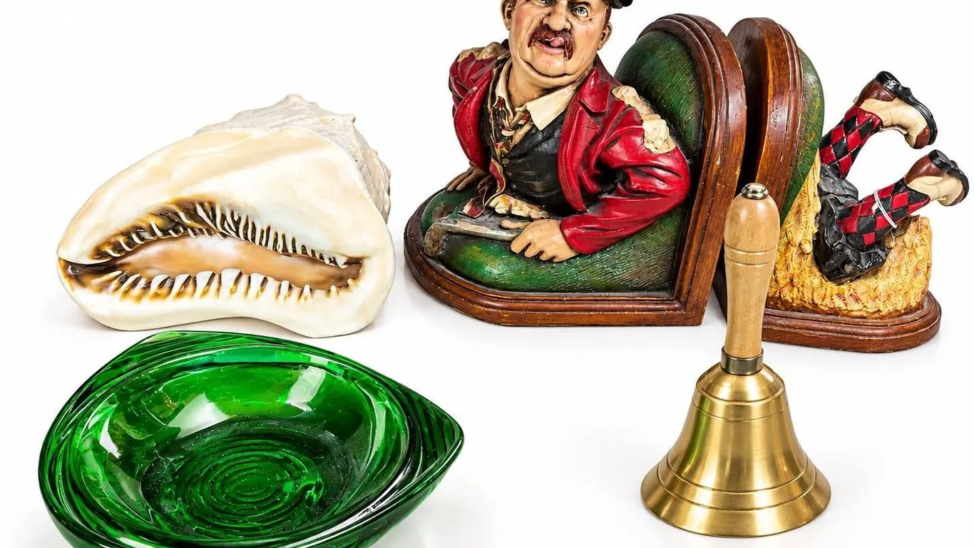 4 Items: Novelty Bookends, Brass Bell, Large Shell, Green Glass Dish