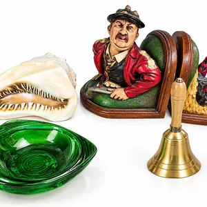 4 Items: Novelty Bookends, Brass Bell, Large Shell, Green Glass Dish